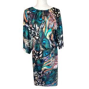 Signature by Robbie Bee Peacock Print Midi Dress Pockets 22W Tropical Colorful